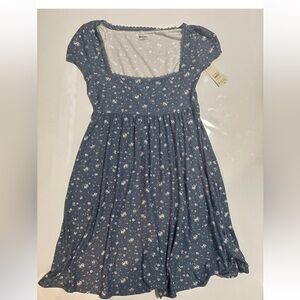 Dusty Navy Blue Floral Babydoll Dress Lace Trim Cottage Whimsical Romantic Women